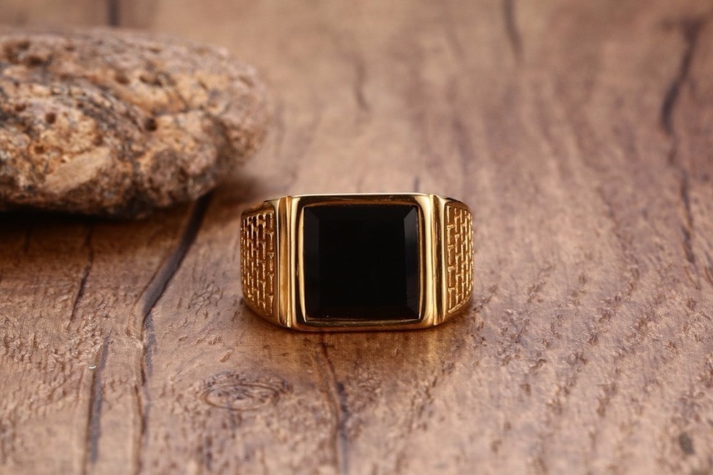 Stainless Steel Ring with Black Stone