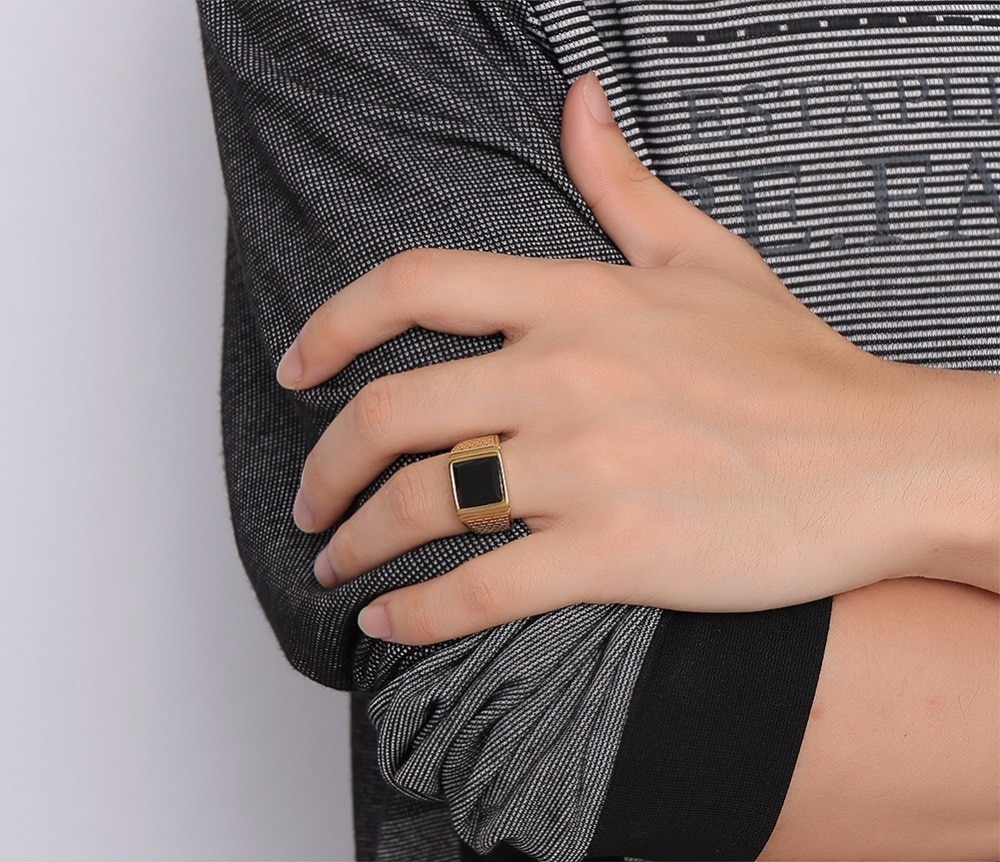 Stainless Steel Ring with Black Stone