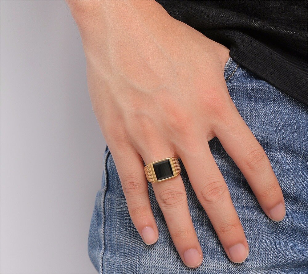 Stainless Steel Ring with Black Stone